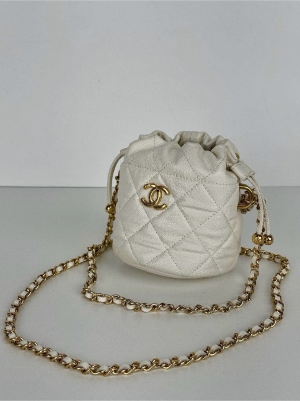 CHANEL Cream Quilted Mini Pouch with Gold Chain